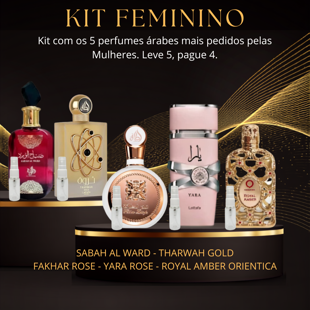 Kit Feminino Decants — 5 Perfumes Árabes (3ml ou 5ml)