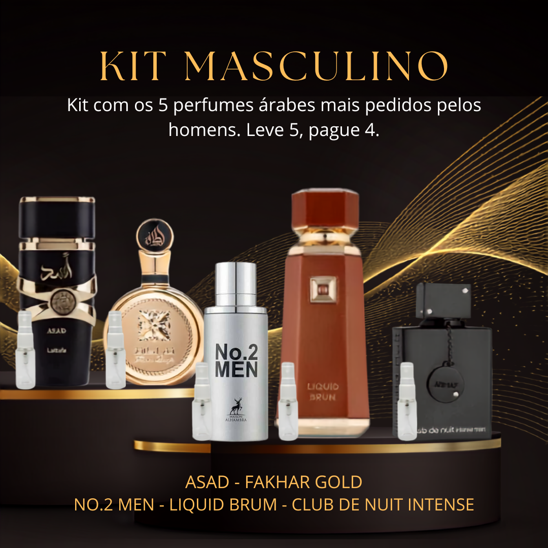 Kit Masculino Decants — 5 Perfumes Árabes (3ml ou 5ml)